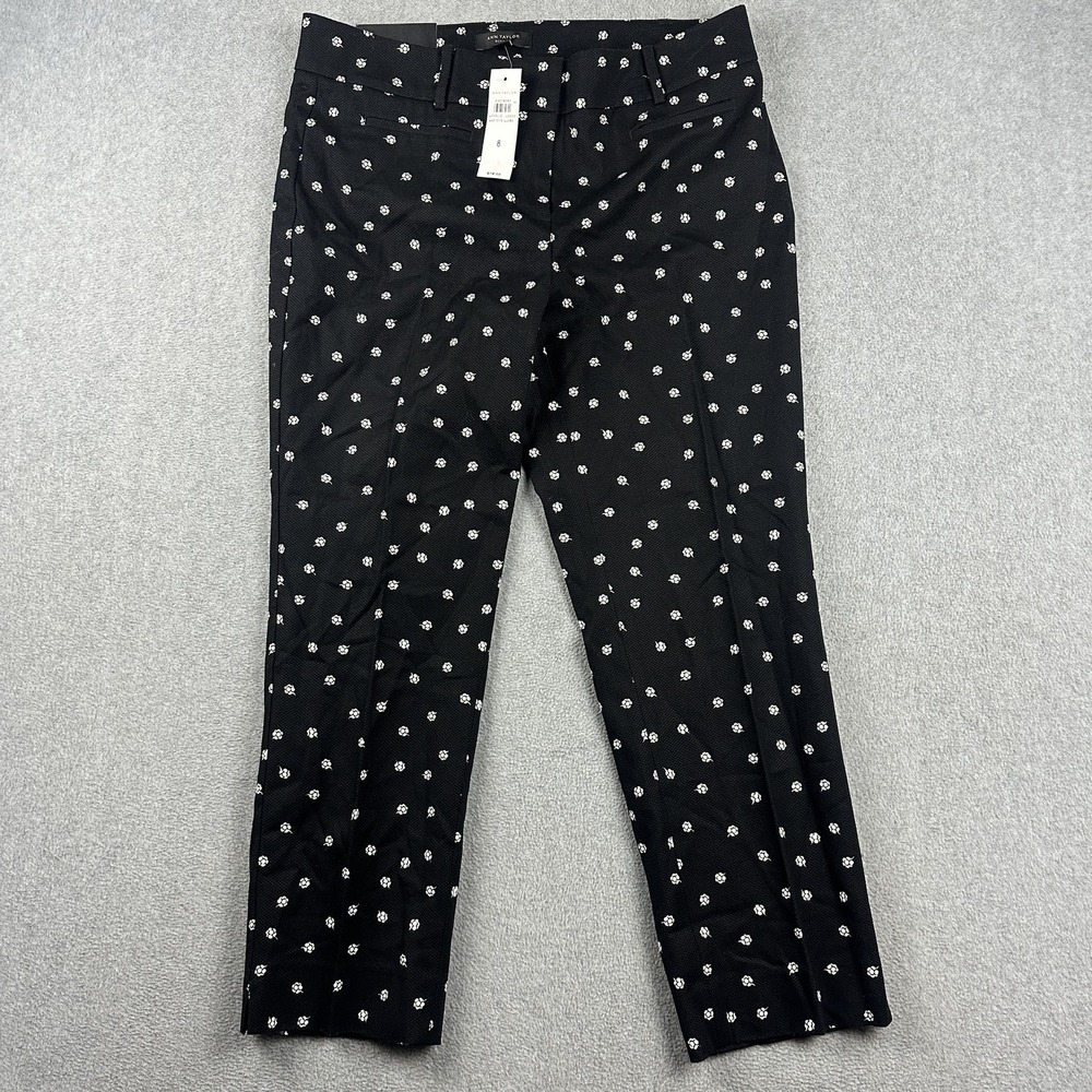 Ann Taylor Pants Womens 8 Black White Devin Dot Cropped Straight Floral NWT